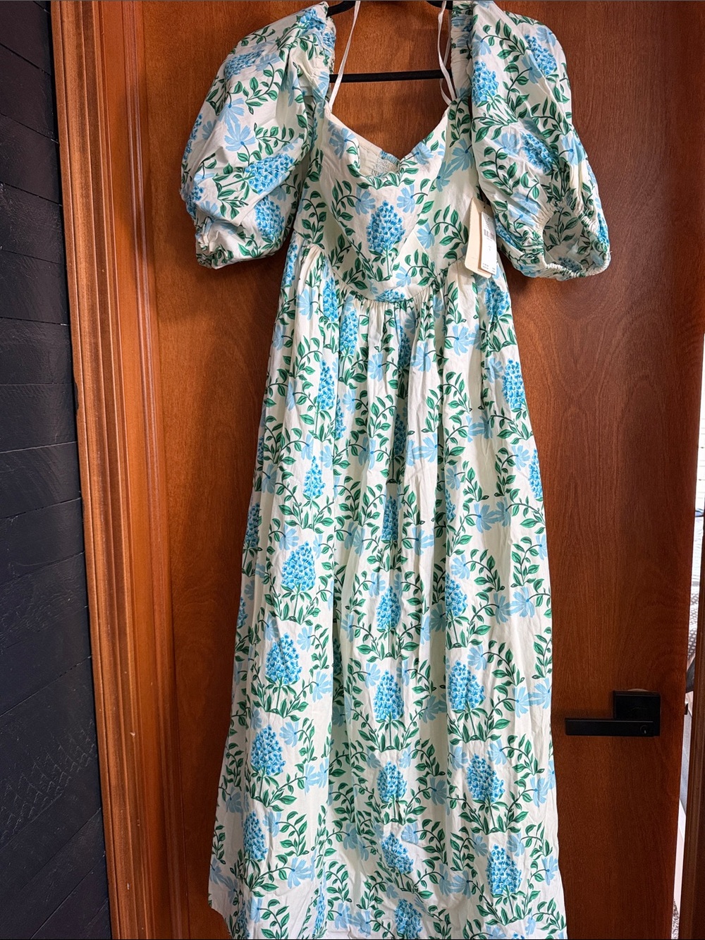 Floral Puff Sleeve Maxi Dress in Blue & Green